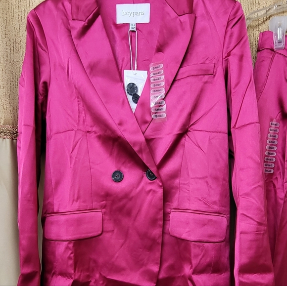 Lucyparis fuchsia satin double-breasted jacket & pant suit women's size Small. - Picture 3 of 16